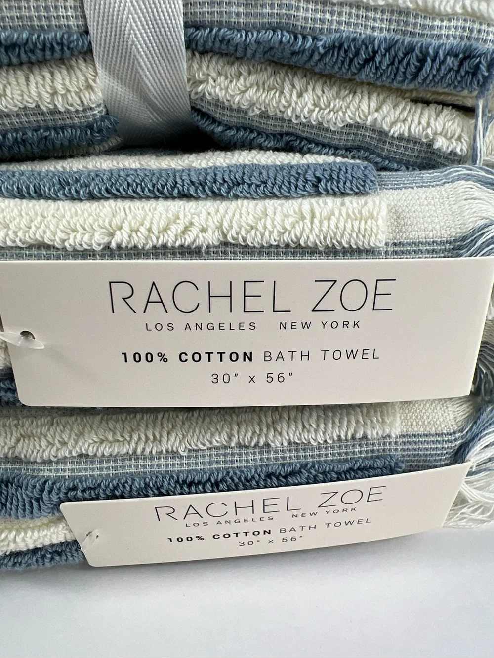 Rachel Zoe Bath Towel Set Blue White Striped with Fringe Soft Cotton 8 Pc NEW